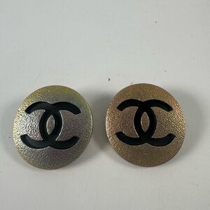 CHANEL Gold-Tone Round CC Logo Button Earrings with Black Inset